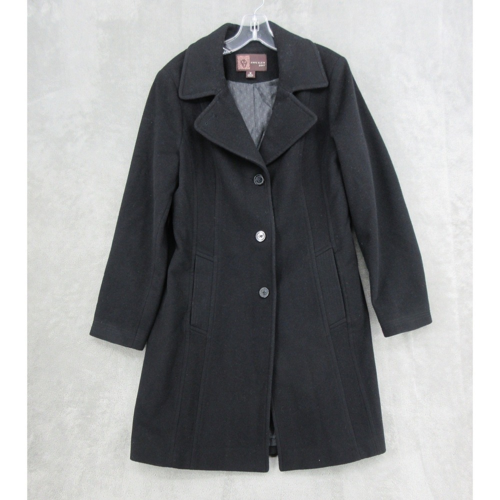 Anne‎ Klein Coat Womens 12 Wool Blend Button Front Pockets Office Career Black